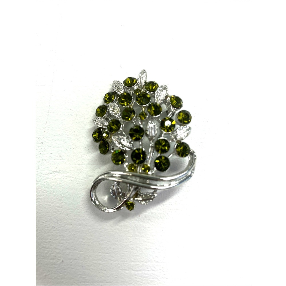 Unbranded Brooch Women OS Green‎ Vintage Rhinestone Flower Bouquet Silver Tone